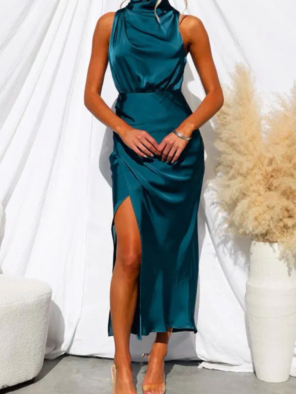 Blue High-Neck Midi Dress With Side Slit